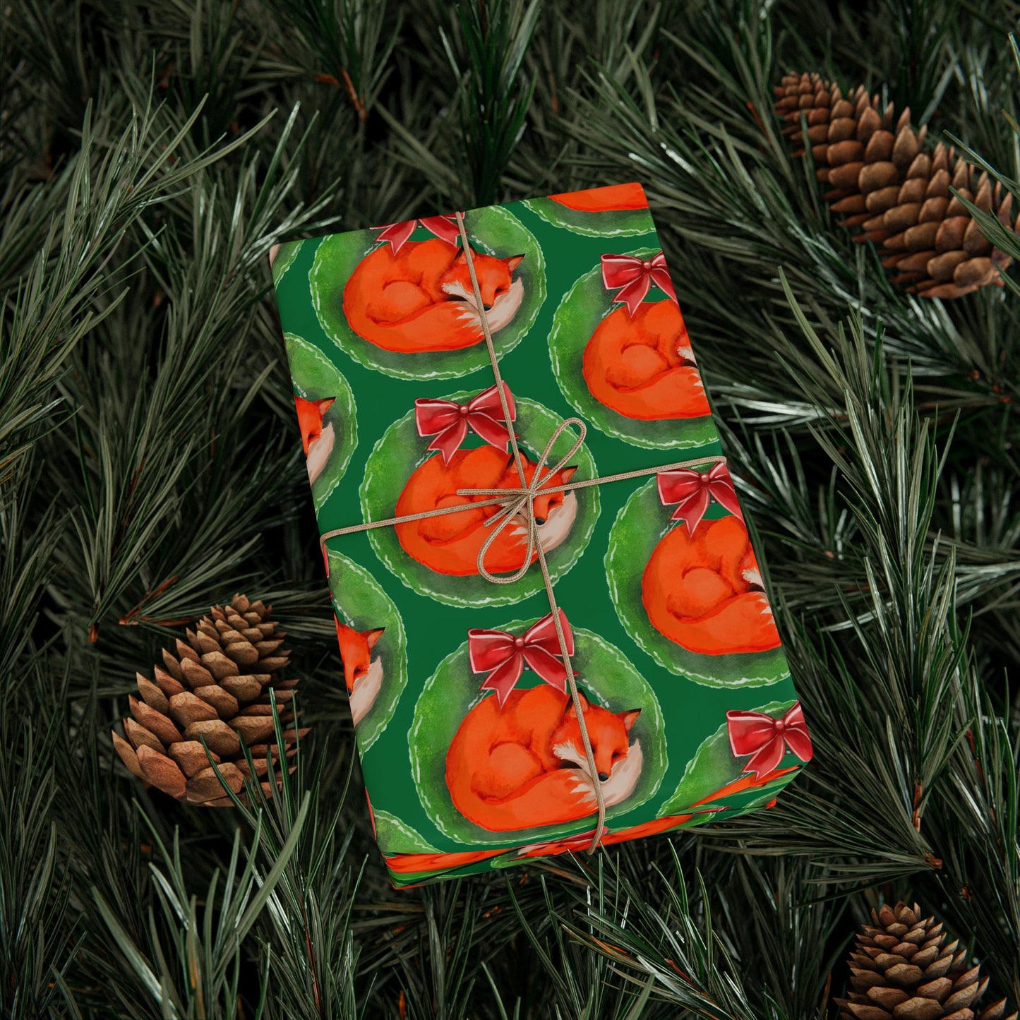 Green Fox Wreath Wrapping Paper