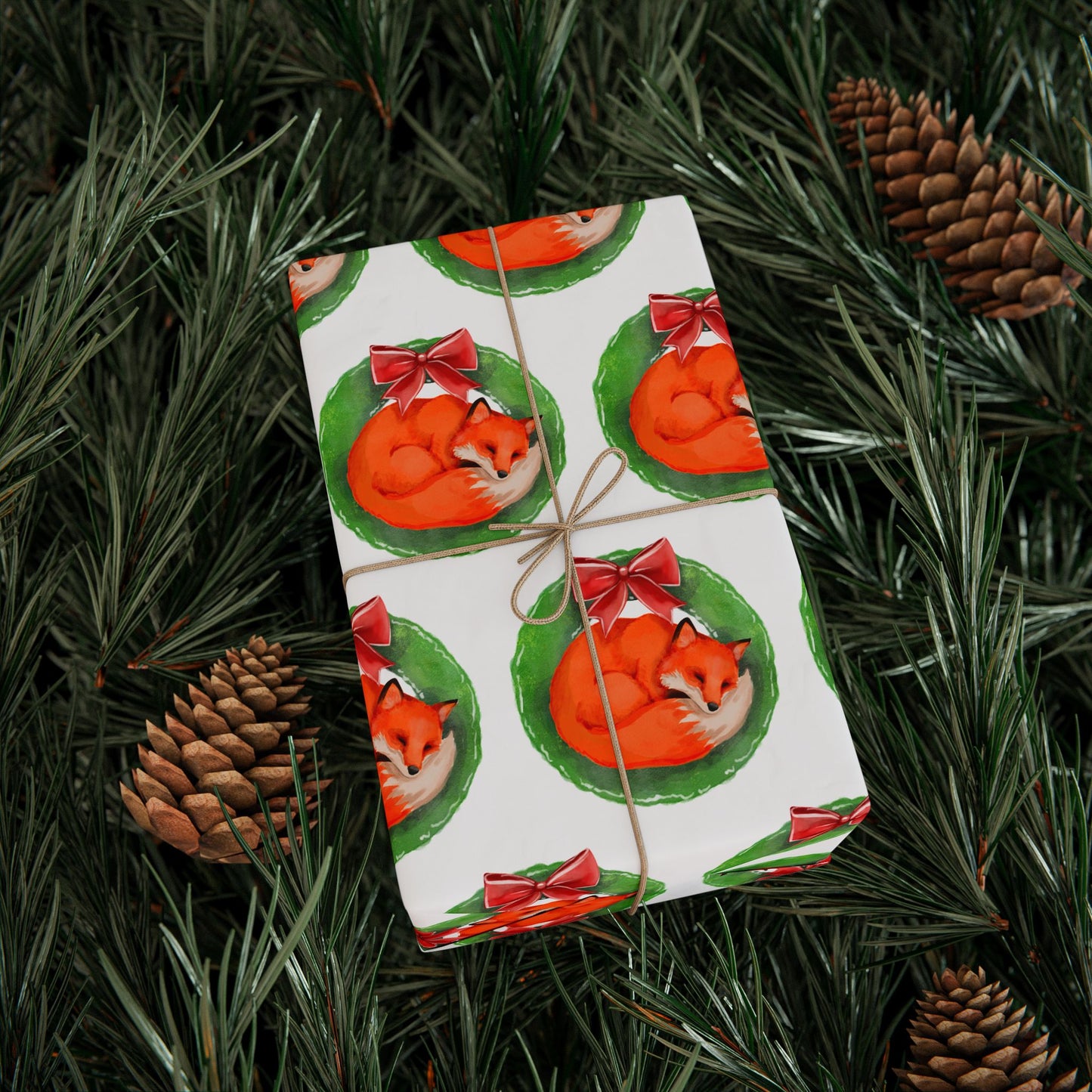 White Fox Wreath Wrapping Paper
