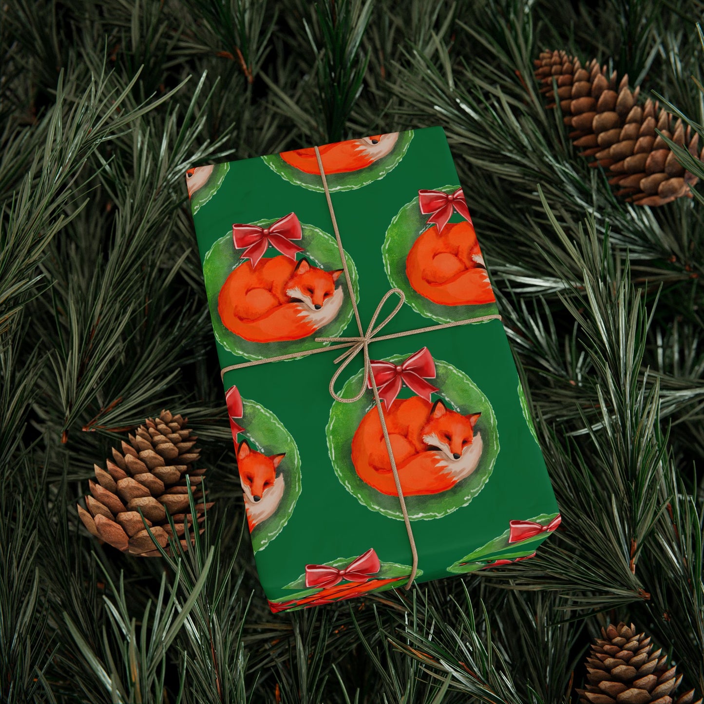 Green Fox Wreath Wrapping Paper