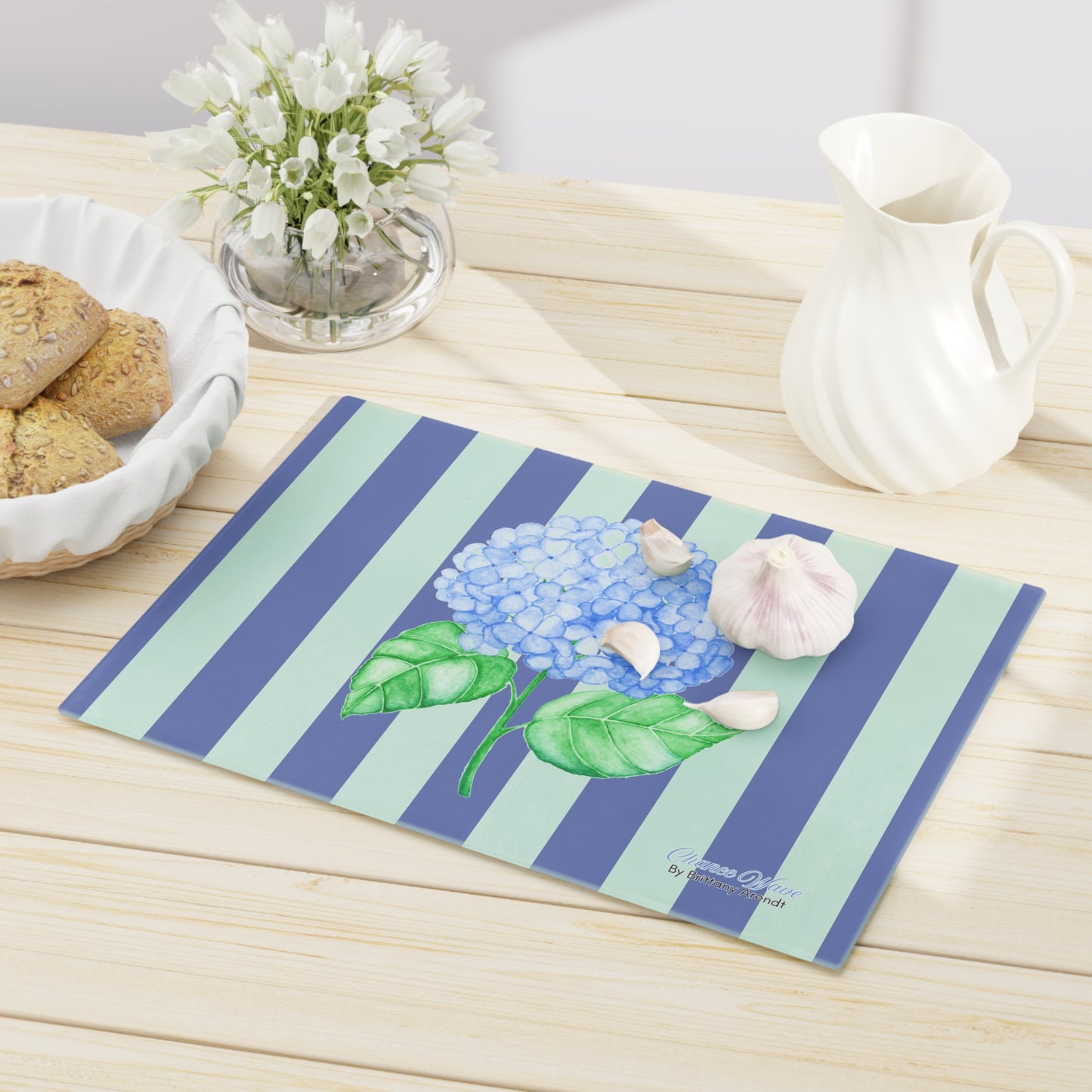 Hydrangea Striped Tempered Glass Cutting Board