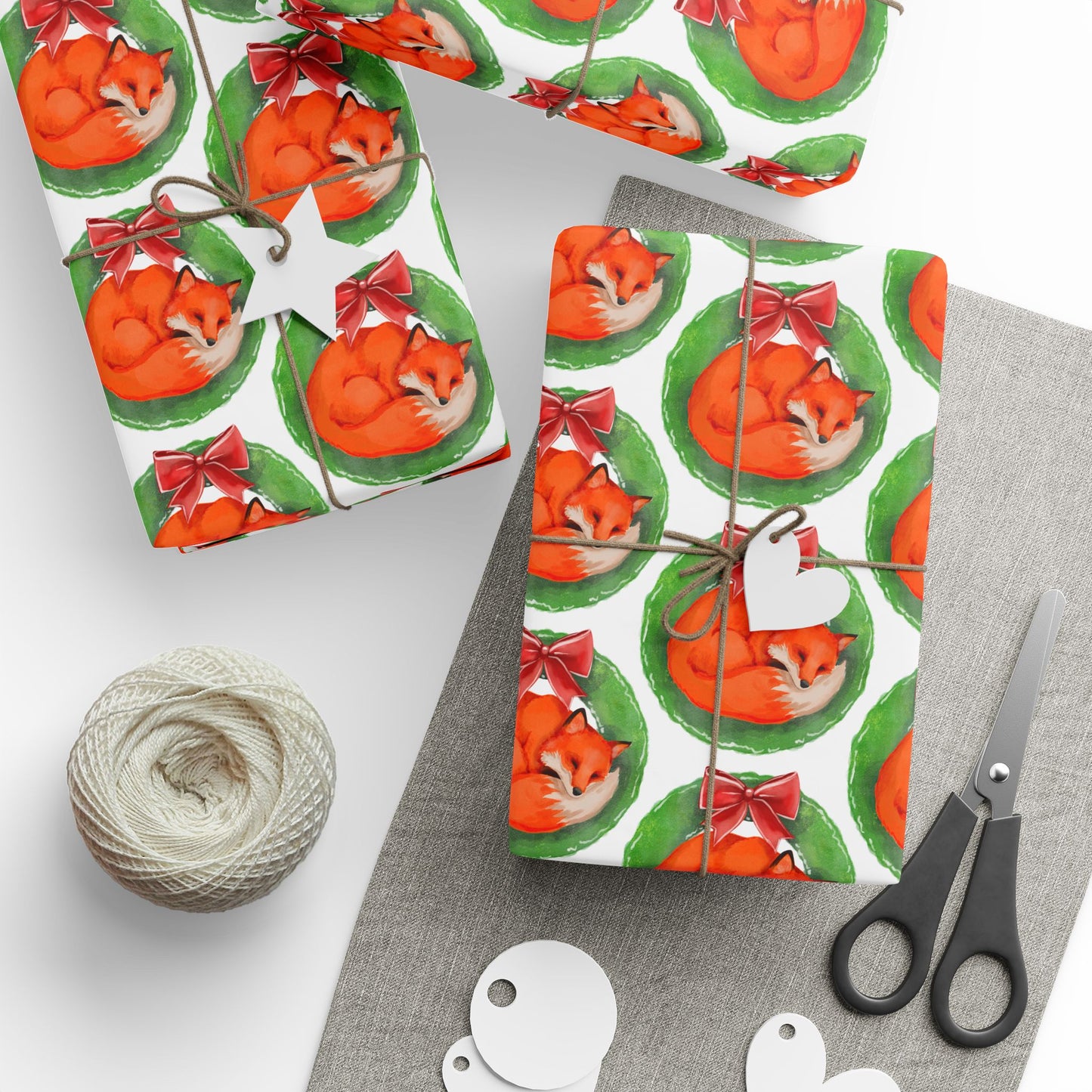 White Fox Wreath Wrapping Paper