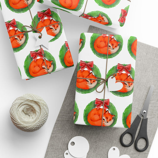 White Fox Wreath Wrapping Paper