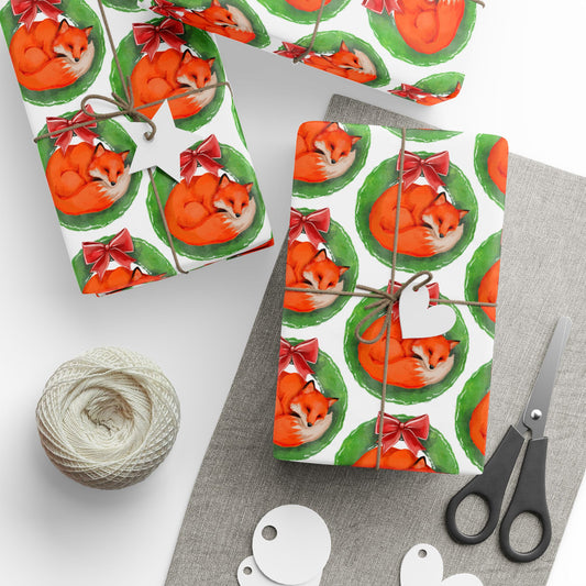 White Fox Wreath Wrapping Paper