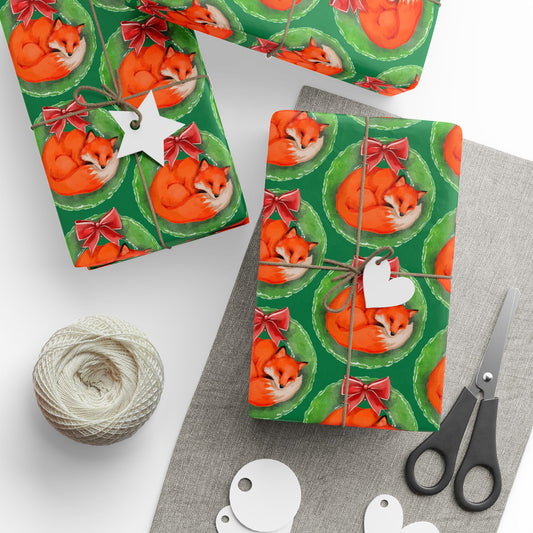 Green Fox Wreath Wrapping Paper