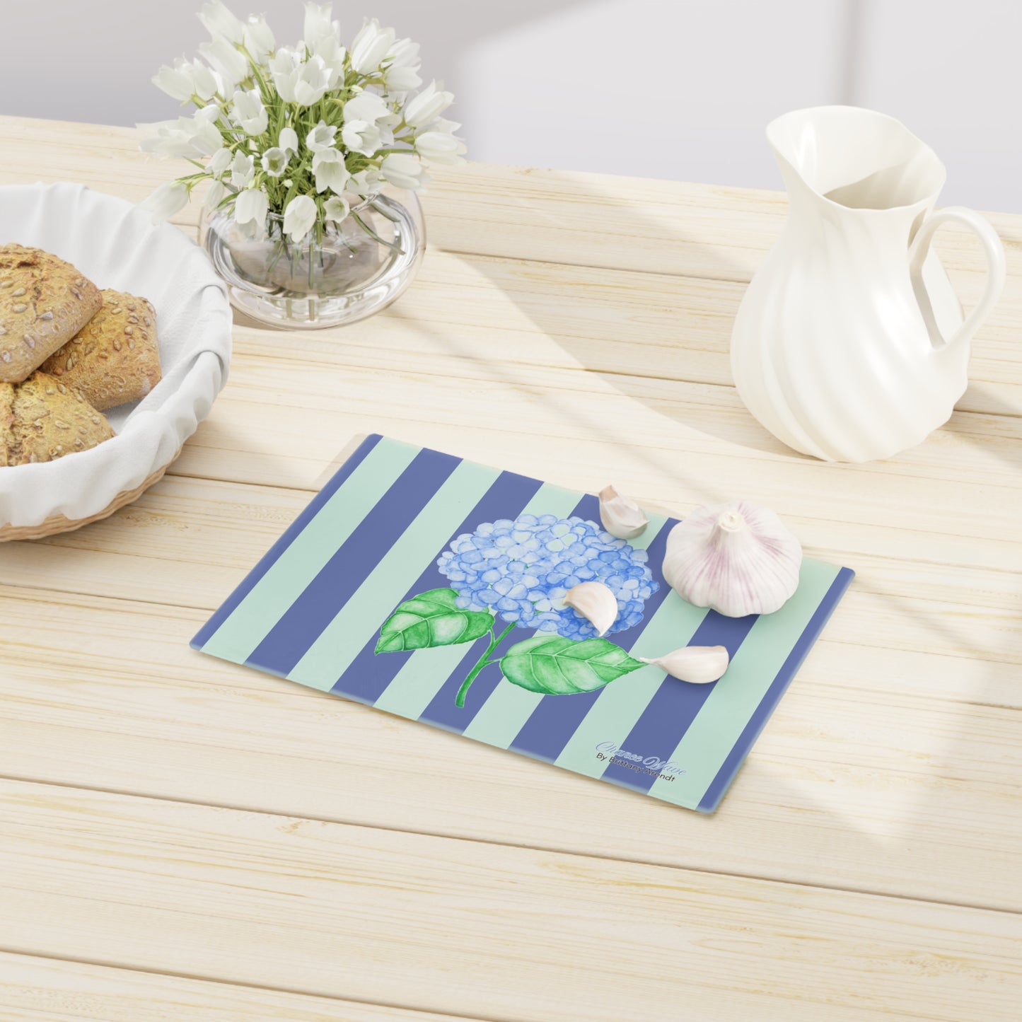 Hydrangea Striped Tempered Glass Cutting Board