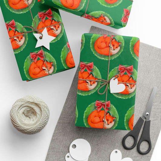 Green Fox Wreath Wrapping Paper